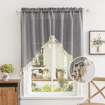 Beda Home Tassel Linen Textured Swag Curtain Valance, Grey, 36 x 45 in