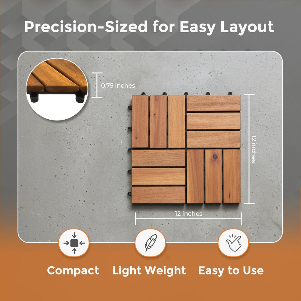 Interlocking Slat Deck Tiles, Acacia Wood Interlocking Deck Tiles - Easy Installation for Patio Flooring & Walkways