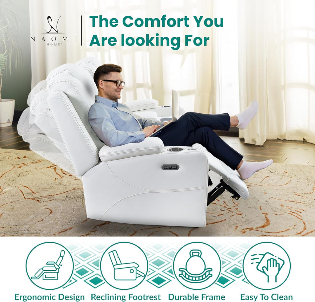 Naomi Home Chicago Deluxe Theater Style Motion Loveseat with LED Lights White/Air Leather