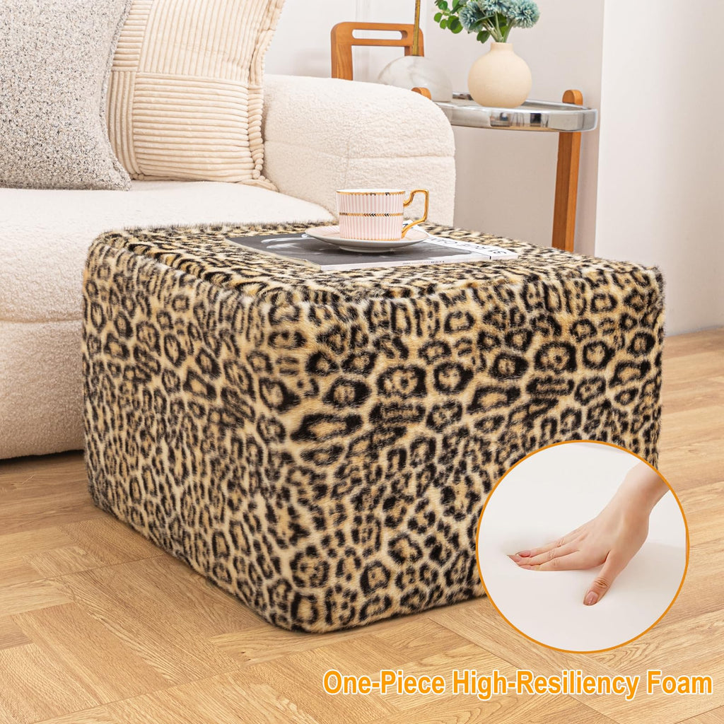 Square Ottoman Footrest Pouf Foot Stool 20x20x14In, Leopard Print