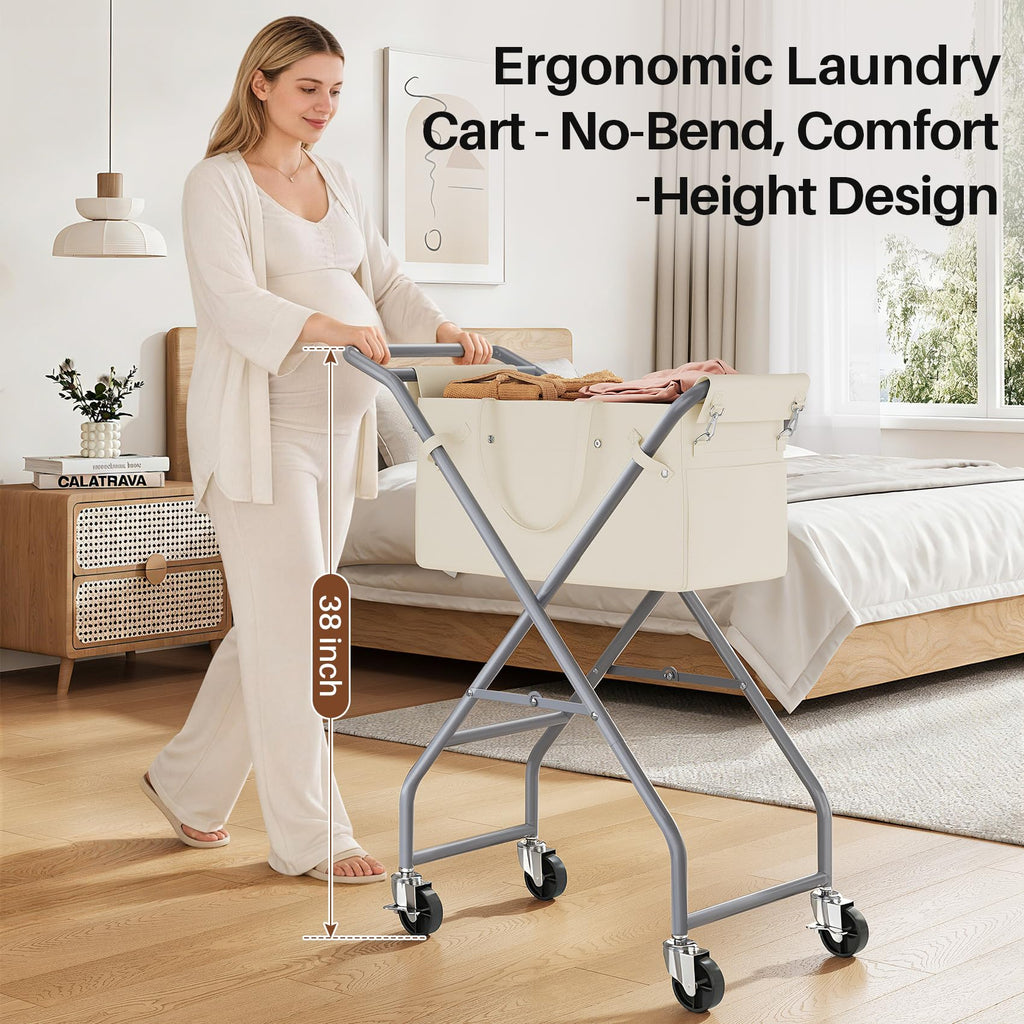 No-Bend Laundry Cart Rolling Hamper with Locking Wheels & Handle, Foldable Basket Screw-Free Assembly, Durable Metal