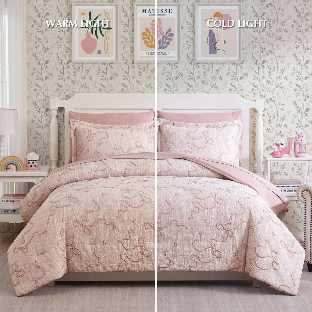 Pink Full Comforter Set for Girls- 7 Pieces Bowknot Jacquard Bed in A Bag Full Bedding Sets with Sheets, Pillowcases