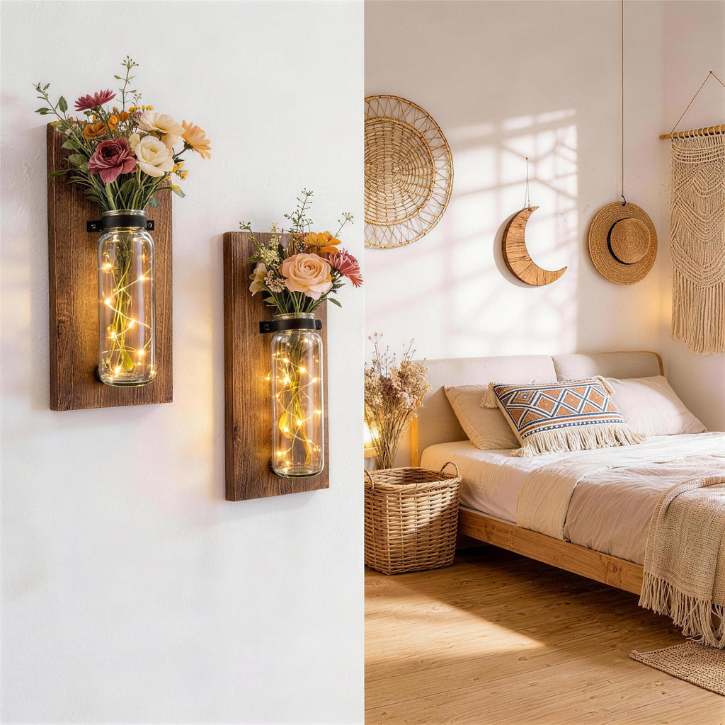 2 Pack Wood Glass Wall Sconces, Farmhouse Planters for Indoor Plants, Rustic Decor, Hanging Vase (Brown)