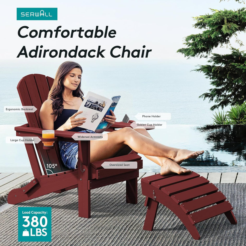 Outdoor Adirondack Chair Set of 2 with 2 Cup Holders,Foldable,Red | HDPE Composite,Waterproof,Wood Grain,Cup & Phone