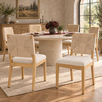 French Country Dining Chairs Set of 6, Farmhouse Kitchen & Dining Room Chairs, Beige Boho Wood Dinning Chair with