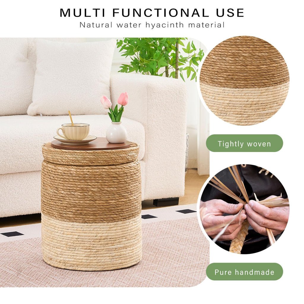 14" Natural Grass Round Storage Pouf Ottoman Handwoven Pouffe Rattan Stool