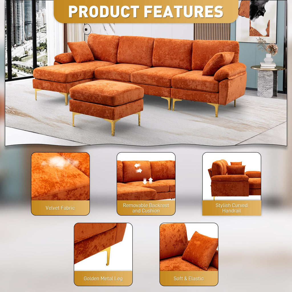 114" U-Shaped Velvet Sectional Couch with Ottoman, Orange