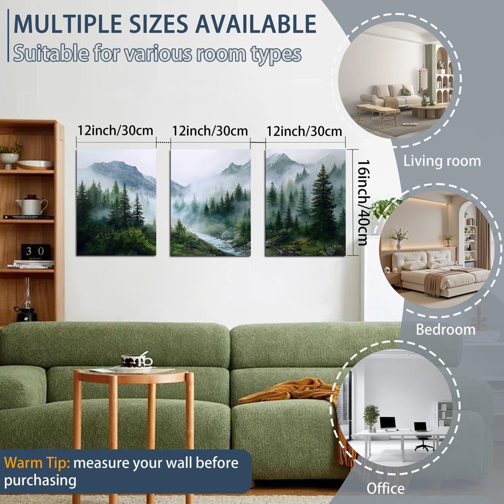 Misty Forest Wall Art Green Mountain Landscape Canvas Prints Nature Tree River Artwork Bedroom Office Home Decor