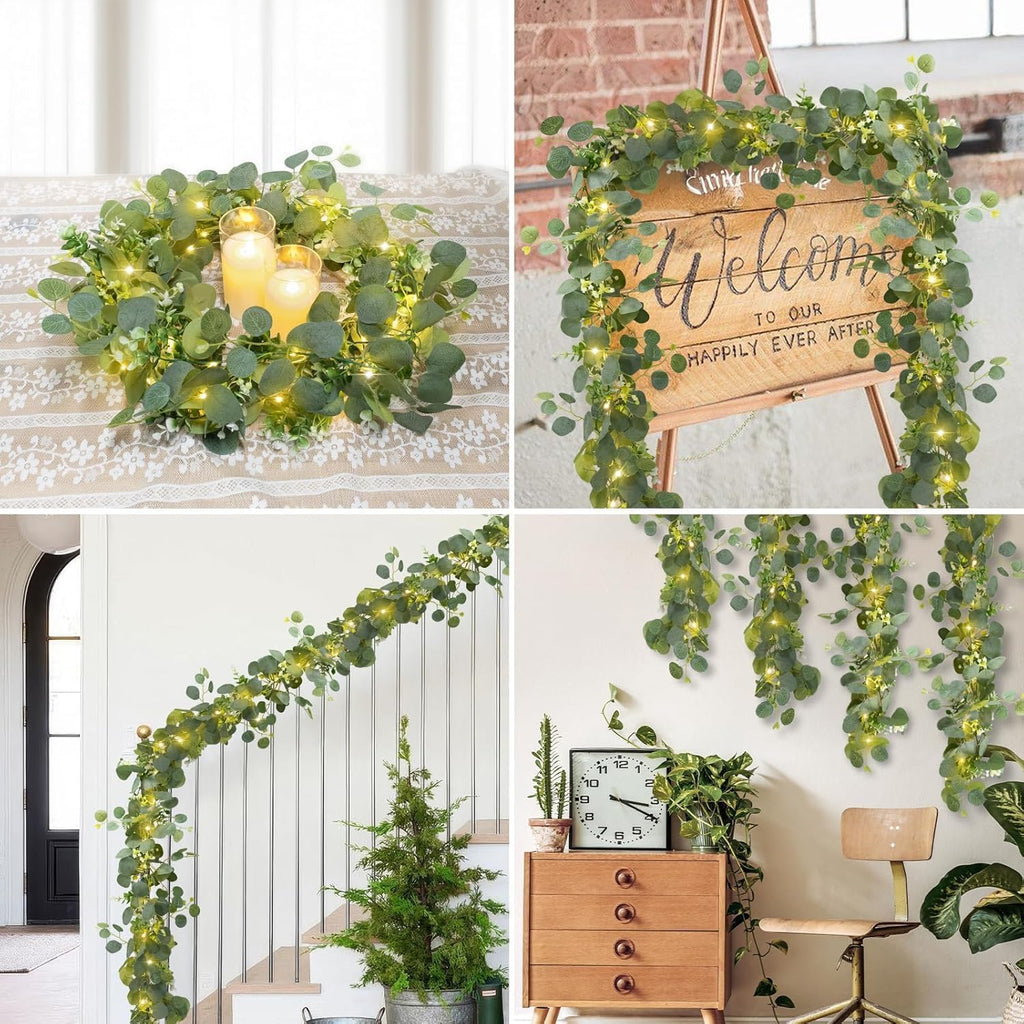 1 Pack Artificial Eucalyptus Garland with Lights, 6FT Artificial Greenery Summer Garlands, Battery Operated Twig Vine