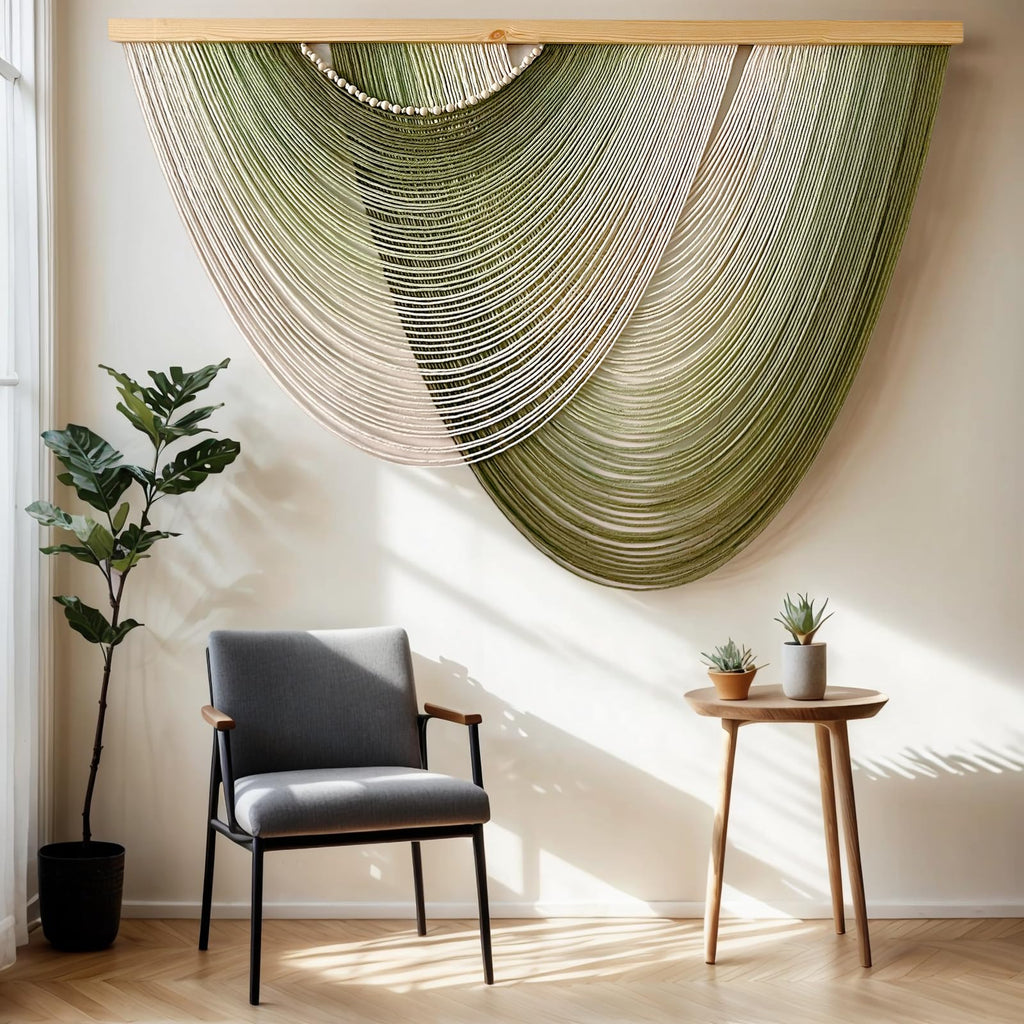 Large Macrame Wall Hanging Boho Wood Ombre Green Dip-Dyed Tapestry