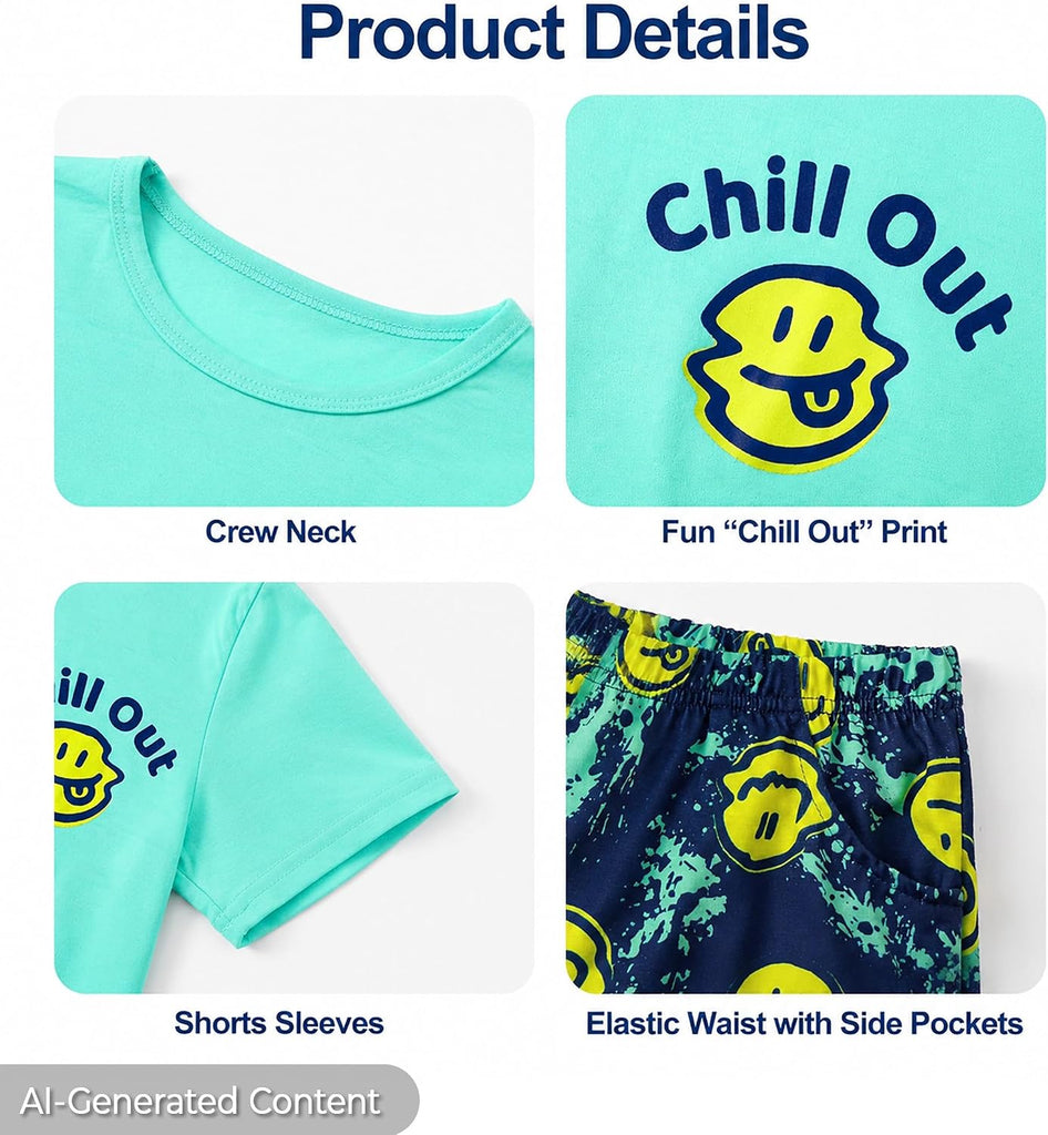 Boys Pajamas, Teal & Navy Face Short-Sleeve and Shorts