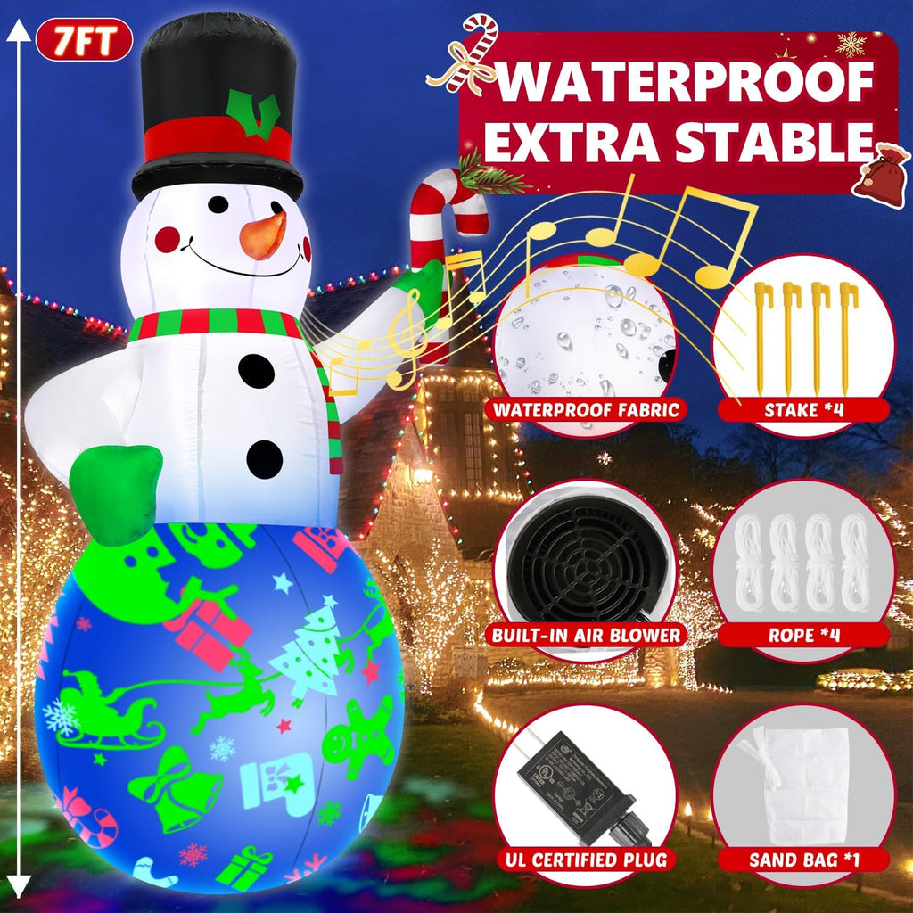 7Ft Christmas Inflatables Snowman Built-in Music Box & Rotating Colorful LED Lights, Christmas Inflatable Decoration
