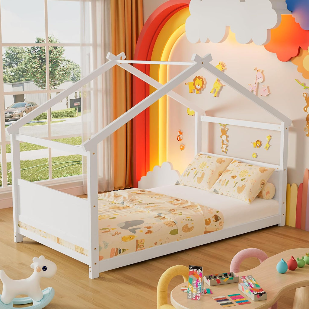 Montessori Floor Bed Frame, Solid Wood Kids House Bed Without Rails, Open Concept Toddler House Bed with