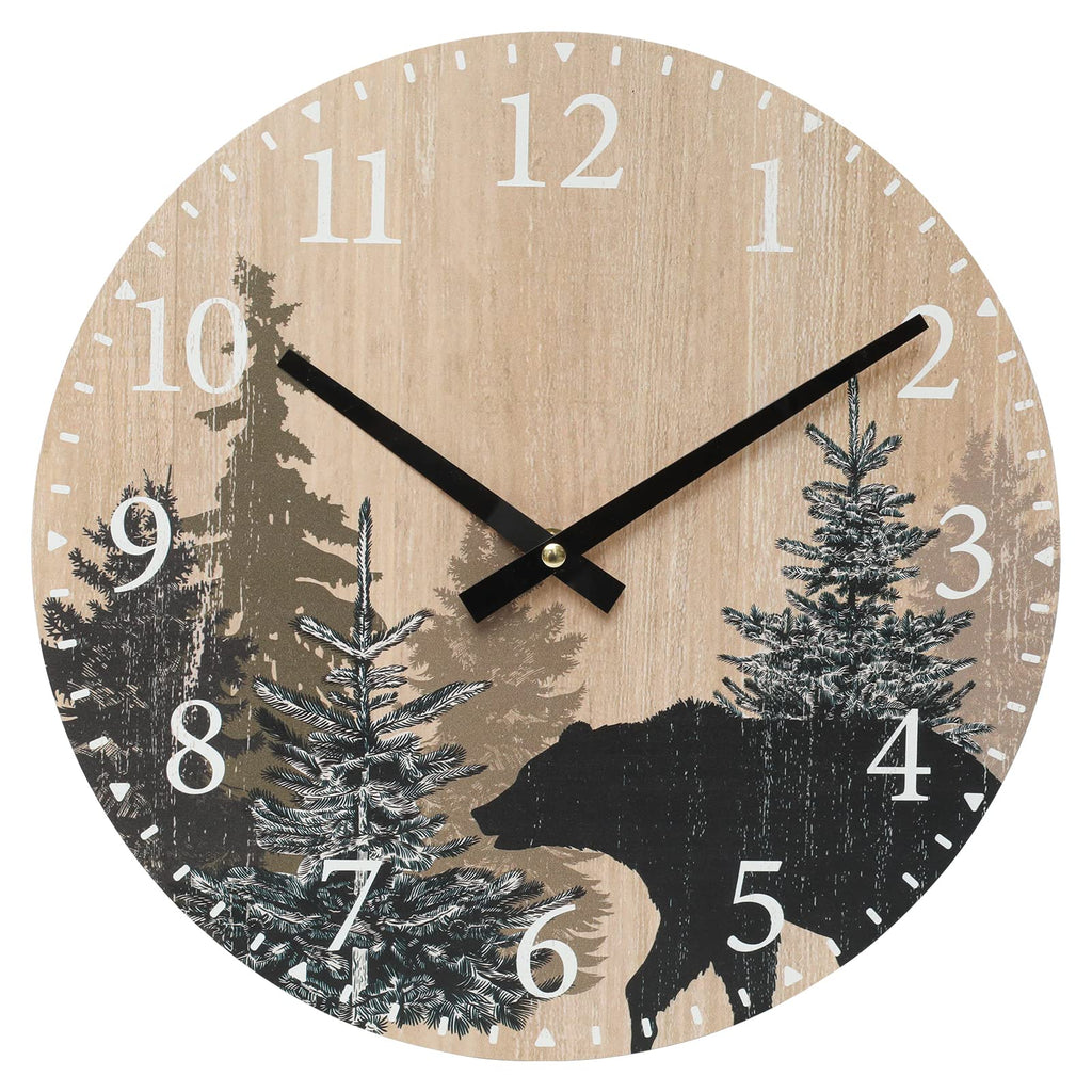 Cabin Bear Wall Clock 12 Inch Silent Non Ticking Clock Wooden Forest Wildlife Mountain Lodge Clock Battery Operated