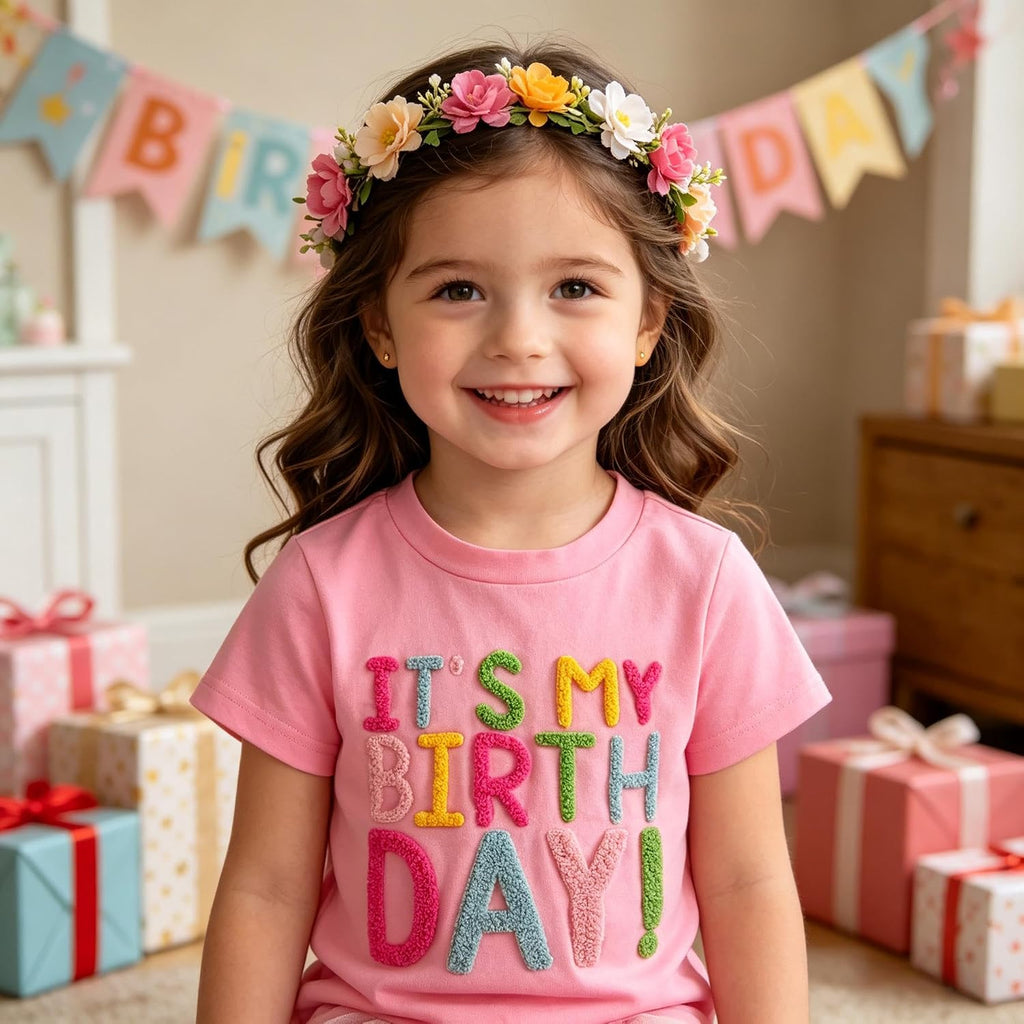 Toddler Baby Girl Birthday Shirt It's My Birthday Short Sleeve Embroidery B-Day T-Shirt Tops Tee Party Outfits