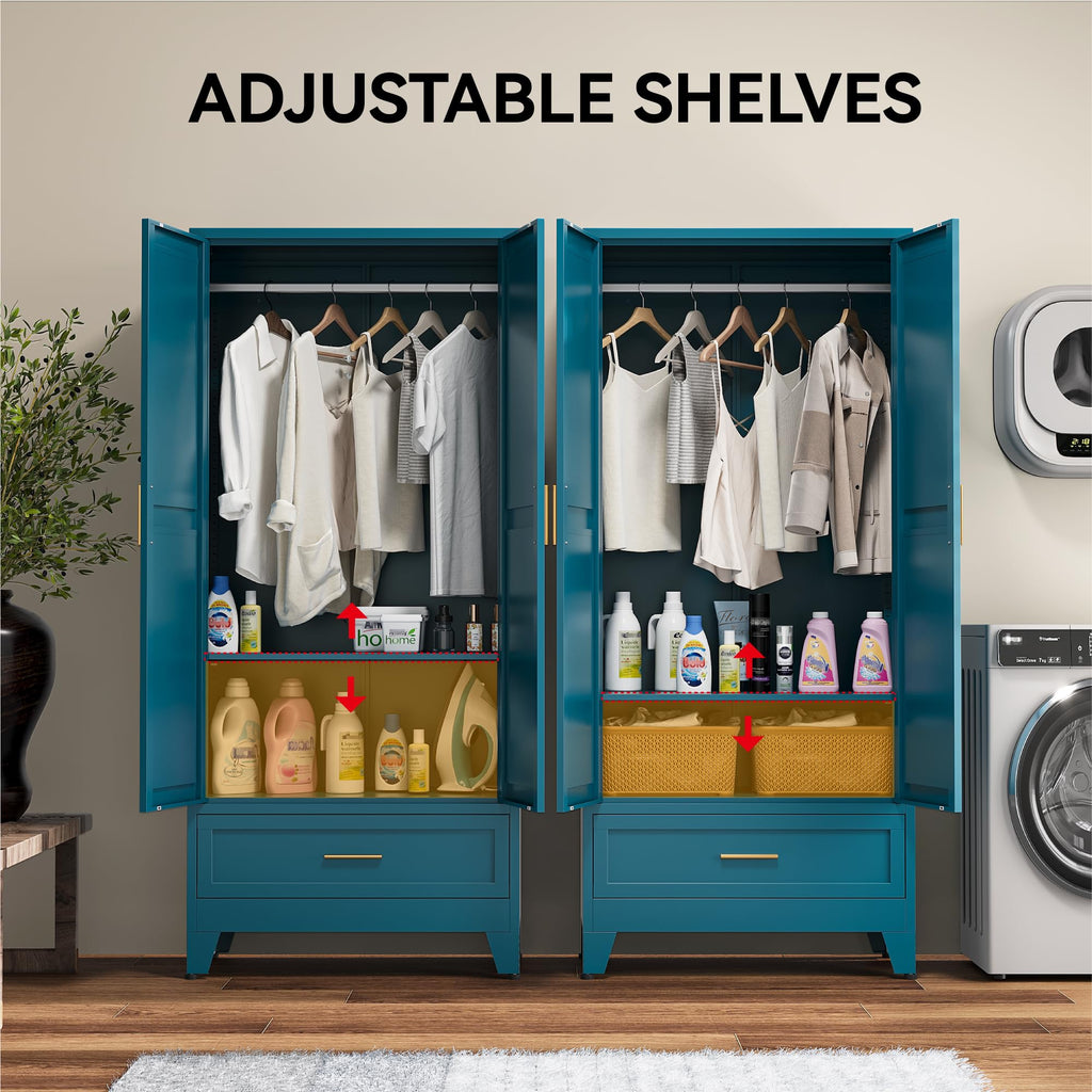 Metal Wardrobe Closet, 71" Armoire Cabinet with Drawer & Hanging Rod, Freestanding 2-Door Clothing Storage with
