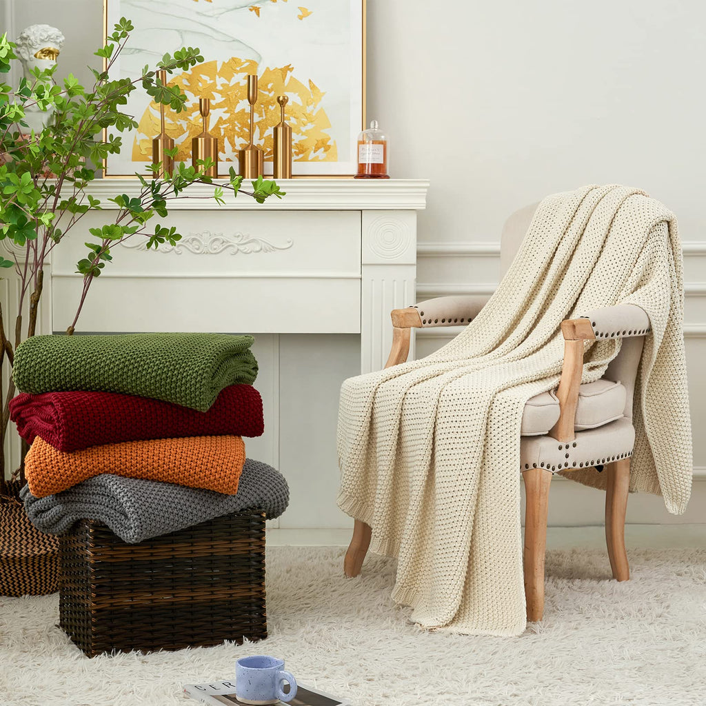 Chunky Cable Knit Throw Blanket Lightweight Olive Green 100% Organic Cotton Blanket for Sofa Couch Bed Baby Nursery