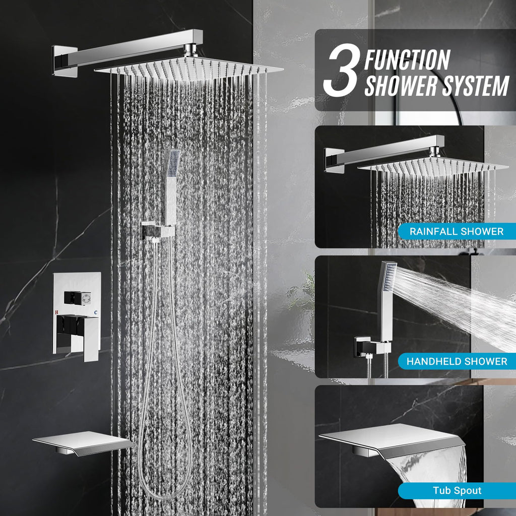 10" Rain Shower Faucet Set with Tub Spout, Chrome