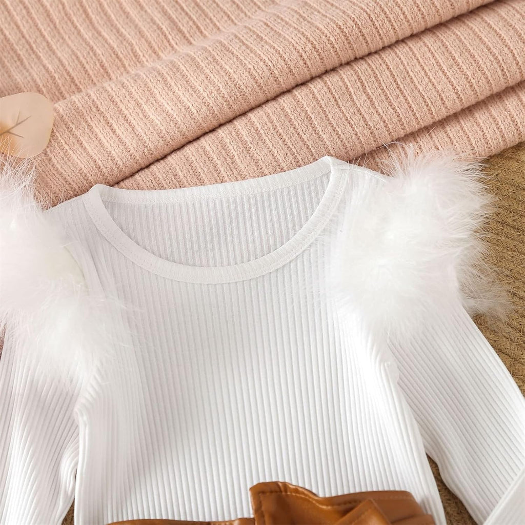 Kids Toddler Baby Girls Spring Summer Solid Cotton Ribbed Long Sleeve Tops Leather Skirt Outfits Neutral Baby