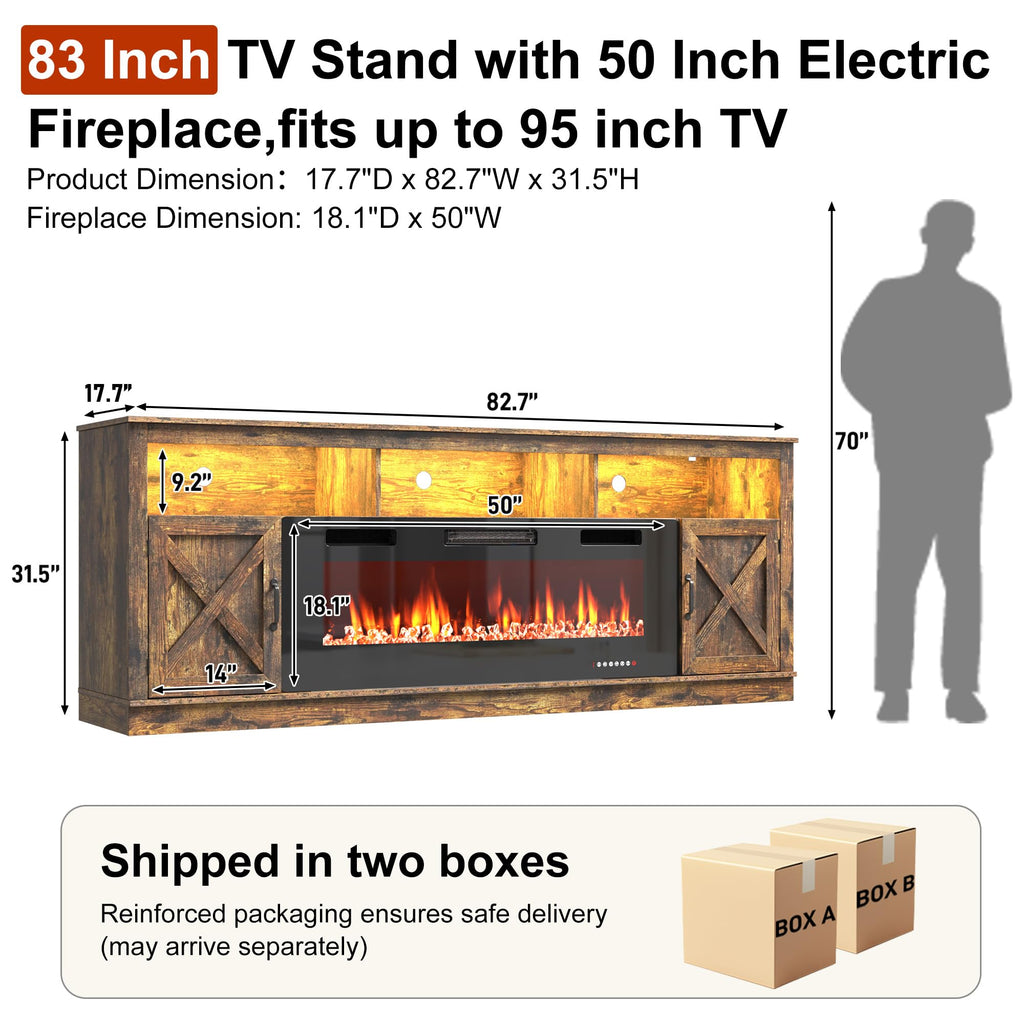 Farmhouse TV Stand with 50" Fireplace for 95" TV, 83" Fireplace Entertainment Center with Barn Doors and LED Light