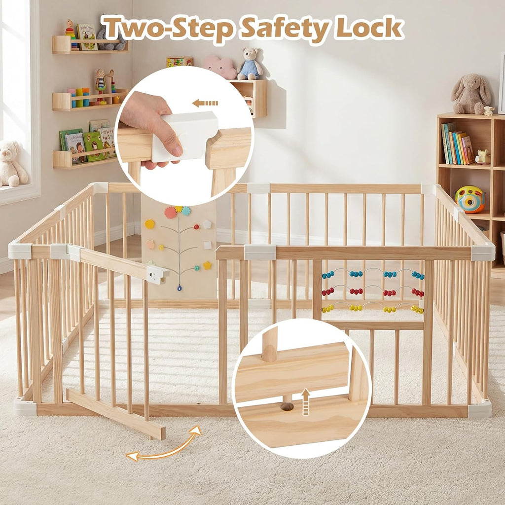 Wooden Baby Playpen with Adjustable Size & Shape, 8 Panels, Child Proof Lock, Easy to Assemble, 63" x 63" Portable
