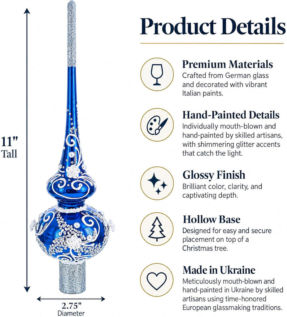 Silver Swirls on Blue Glass Christmas Tree Topper 11 Inches