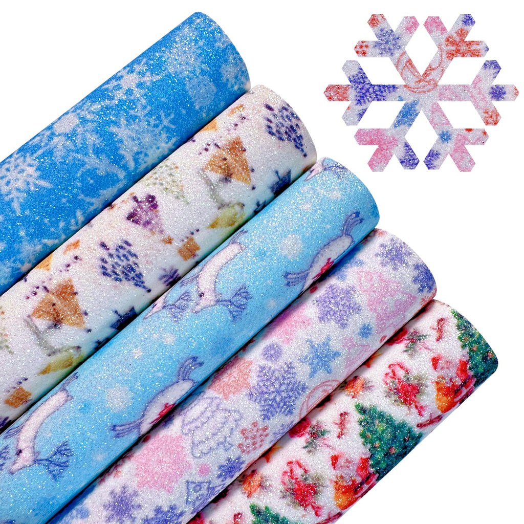 Christmas Snowflake Printed Faux Leather Sheets 8 x 12 Inch, Shiny Fine Glitter Fabric for Bows, Crafts, Earrings