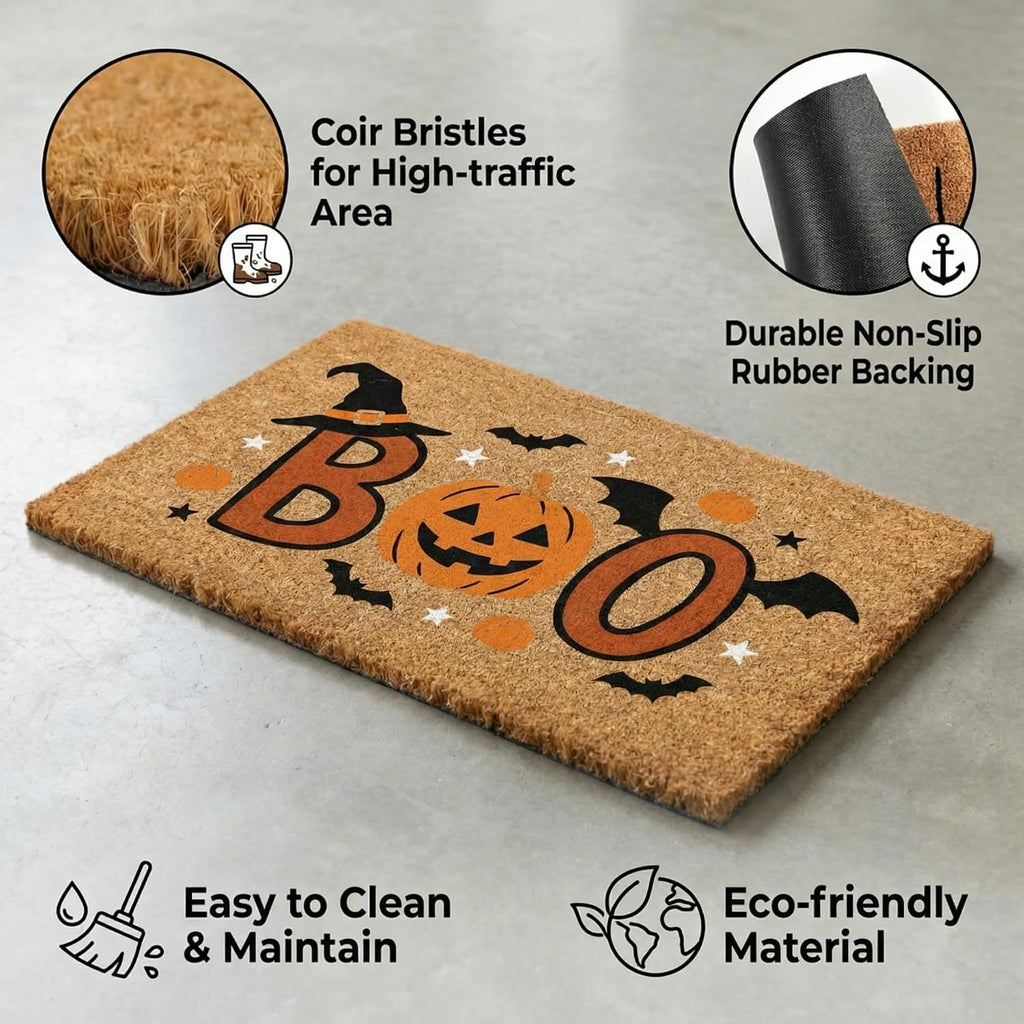 Halloween Layered Front Doormat Set, Boo! Natural Coco Coir Door Mat + 28"x43" Orange Black Buffalo Plaid Rug