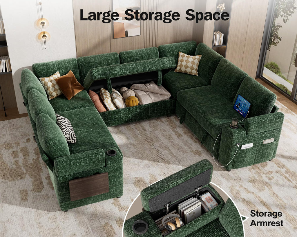 111" Modular Sectional Sleeper Sofa with Pull Out Bed, 8 Seat Chenille U Shaped Couch with Storage Chaise|USB