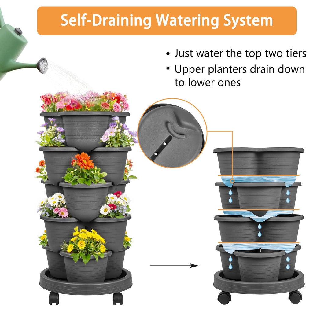 5 Tier Vertical Garden Planter, Self Watering Stackable Planters with Wheels for Strawberries, Herbs, Flowers