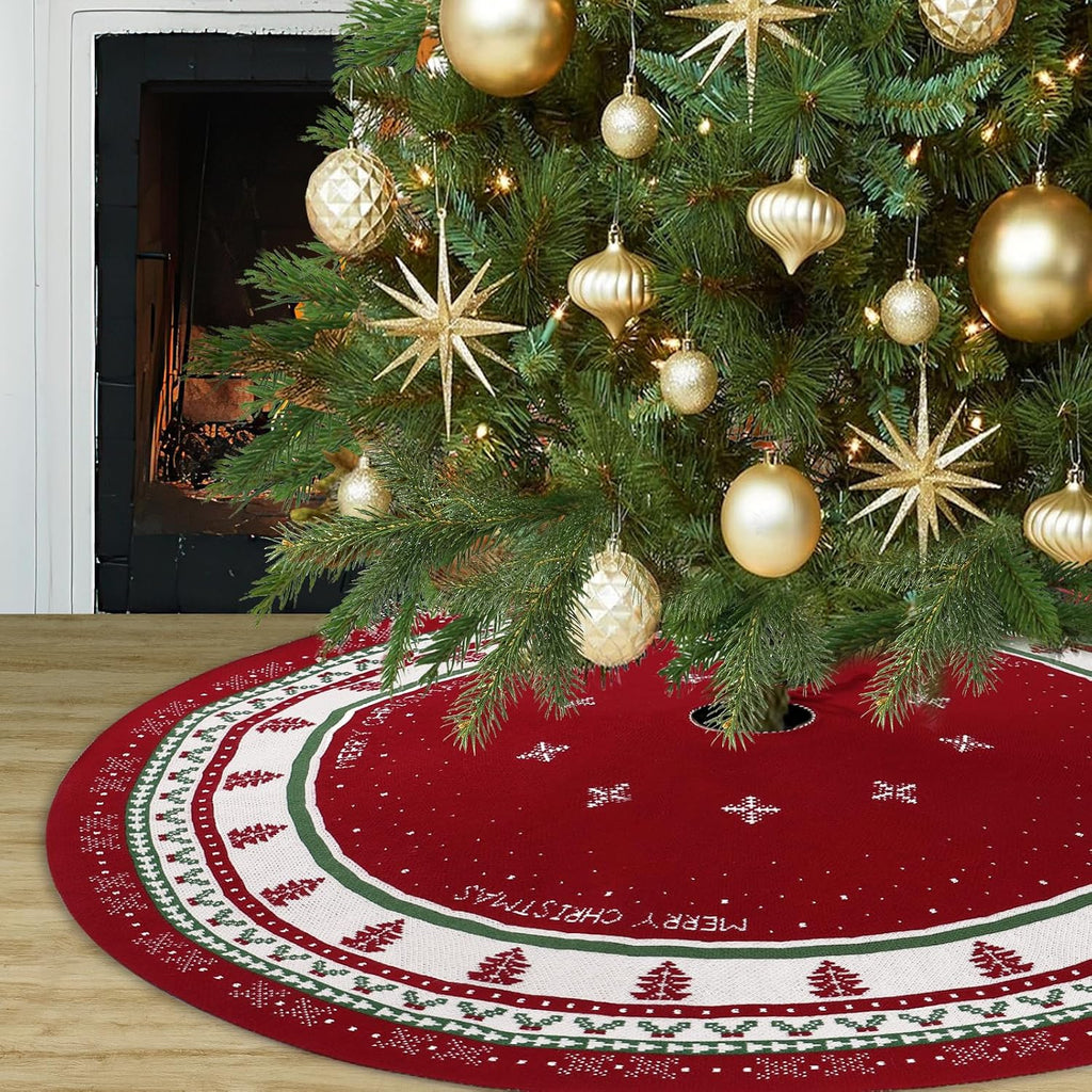 Christmas Tree Skirt 36Inches Red Knitted Tree Skirt Xmas Tree Mat
