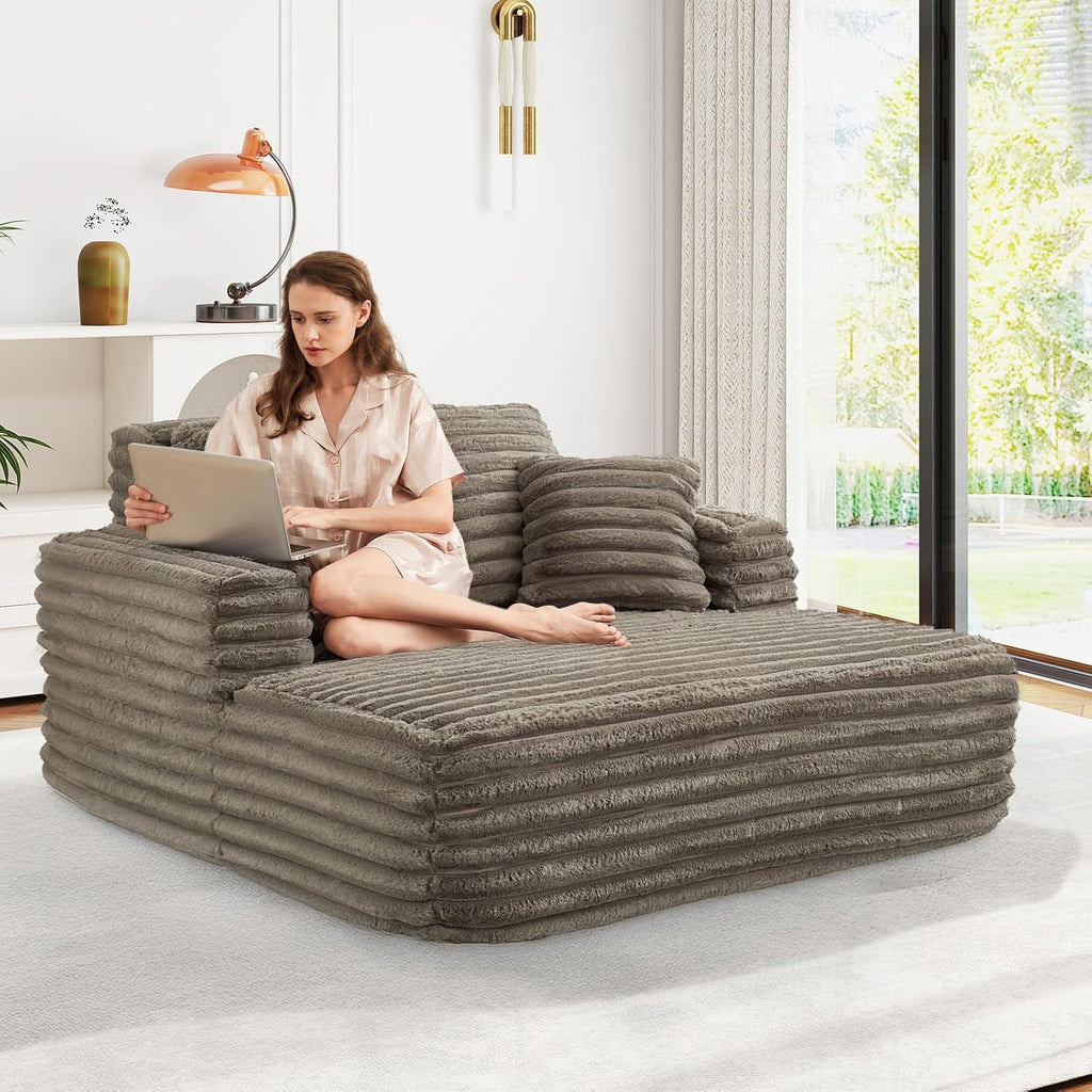 56" Oversized Chaise Lounge Chair Indoor,Plush Faux Fur Sleeper Sofa Couch Bed with Pillows&Wide Armrests,Fluffy