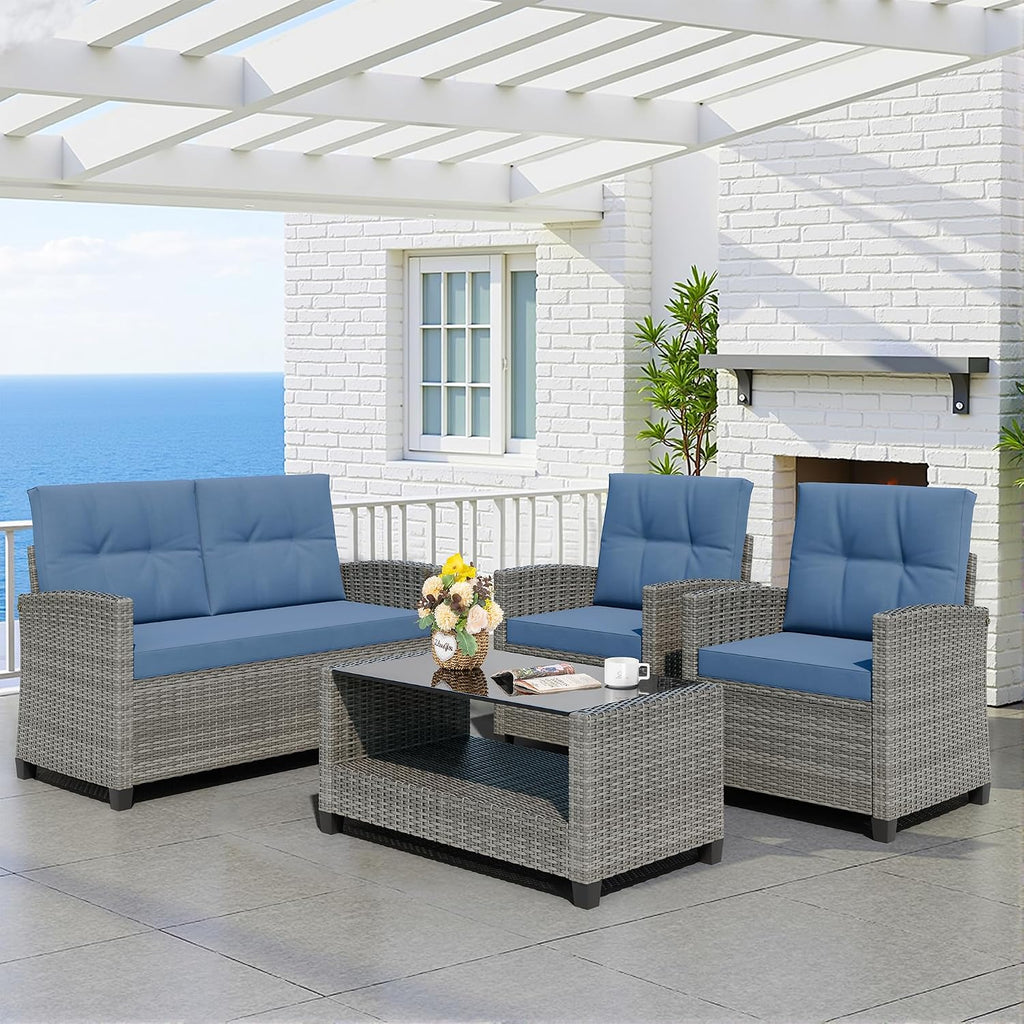 4 Piece Patio Furniture Set, Outdoor Rattan Conversation Set with Coffee Table, Outside Wicker Sectional Sofa Couch