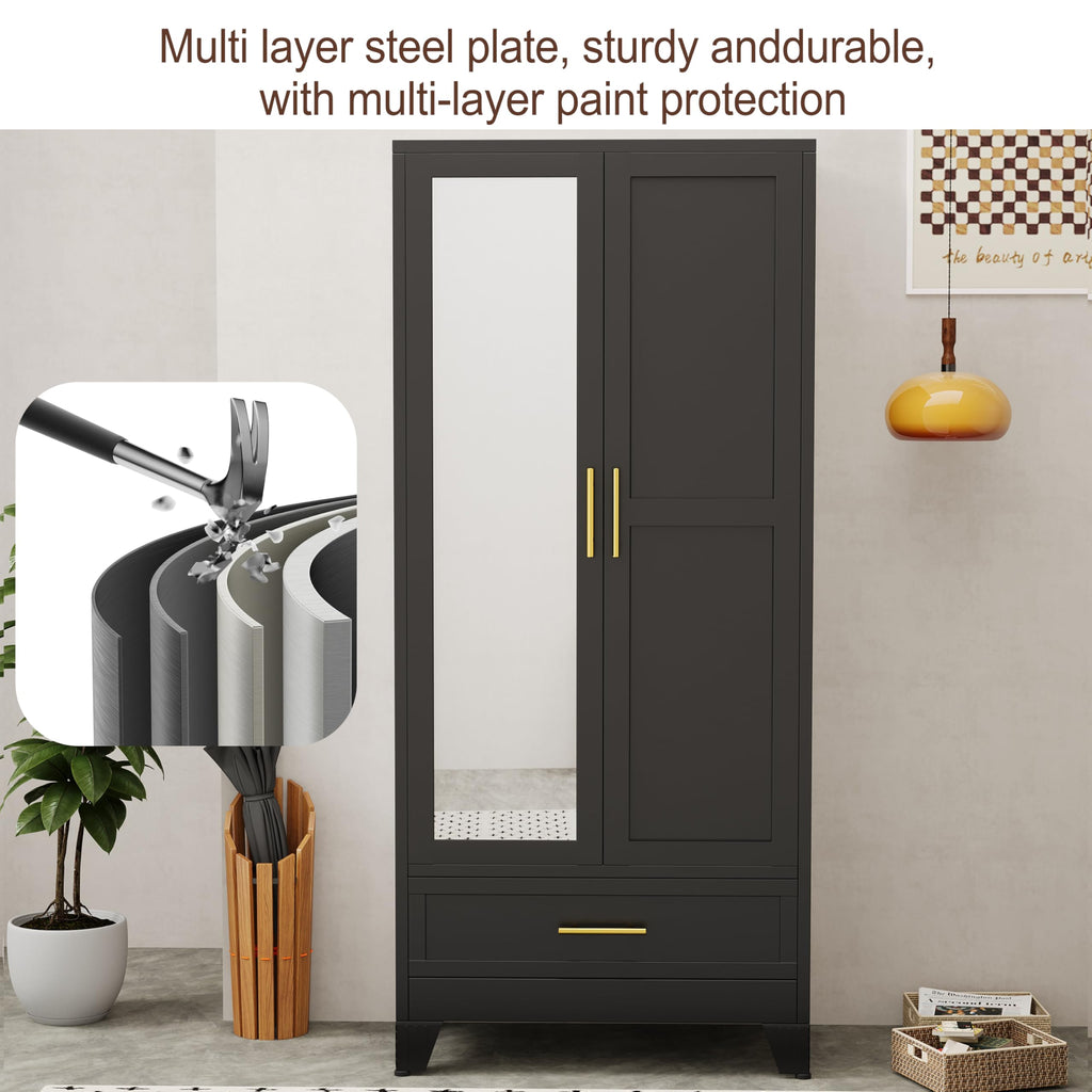 71" H Metal Armoire Wardrobe Closet with Mirror,Household Steel Wardrobe Cabinet with Drawers,Clothing Storage