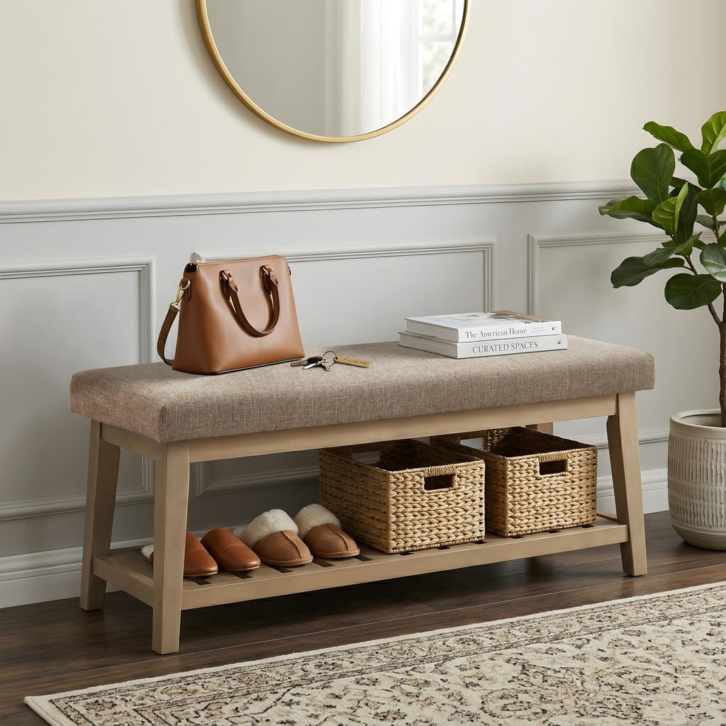 Entryway Bench with Cushion, Upholstered Shoe Rack Bench with Solid Wood Shelf, 44" End of Bed Bench, Chenille
