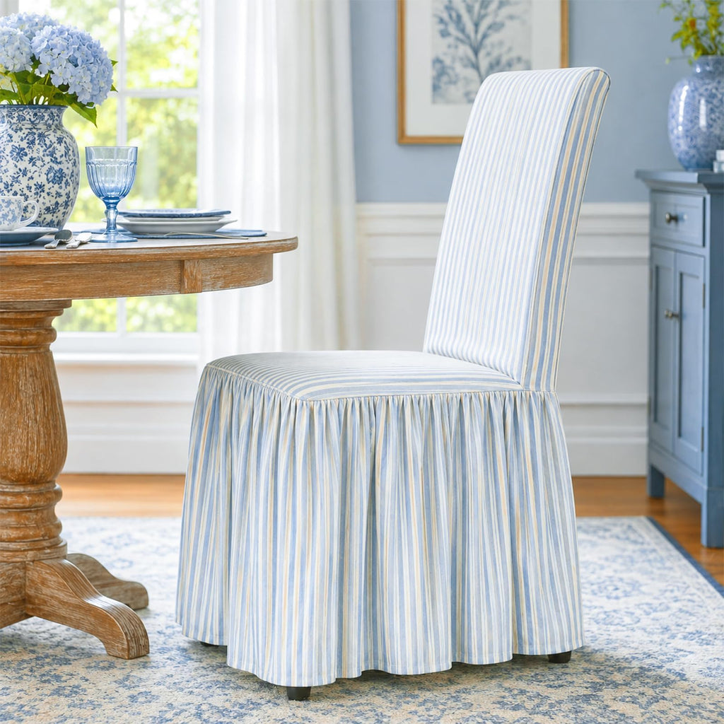 Ruffled Dining Chair Covers, Set of 4, Blue Stripe