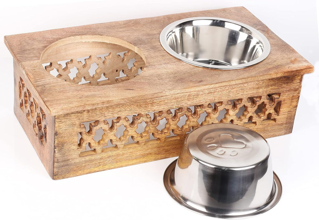 Wooden Elevated Pet Feeder Station with 2 Stainless Steel Bowls | Raised Dog & Cat Feeding Stand | Food & Water Bowl