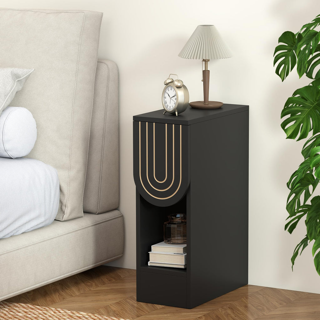 Narrow Nightstands Set of 2, Black Bedside Table with Carved Drawer and Storage Shelf, Mid-Century Modern Slim Side