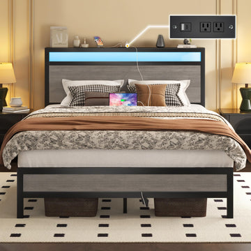 Bed Frame with Headboard & Footboard, Bed Frame with Built-in Charging Station & LED Light, Storage Shelf
