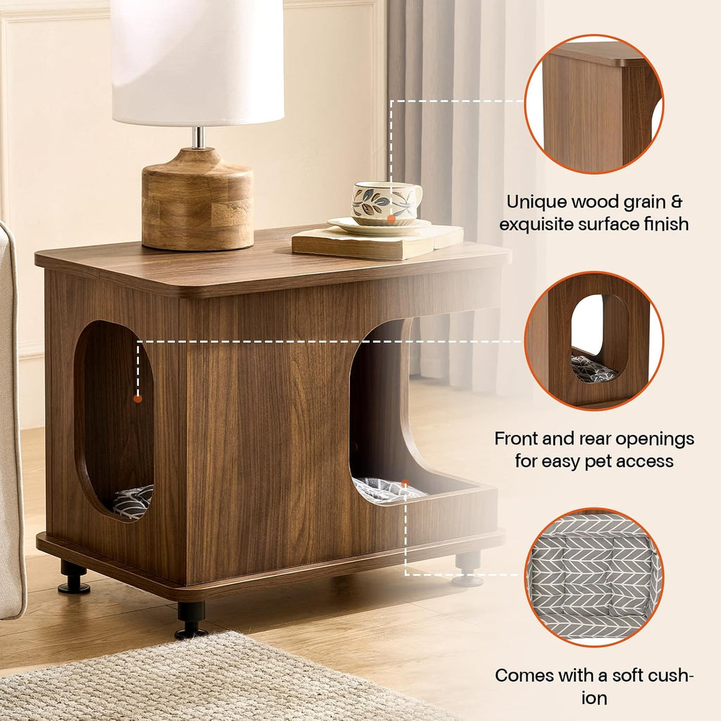 2-in-1 Wooden Cat Bed & Side Table, Hideaway with Cushion for Indoor Cats