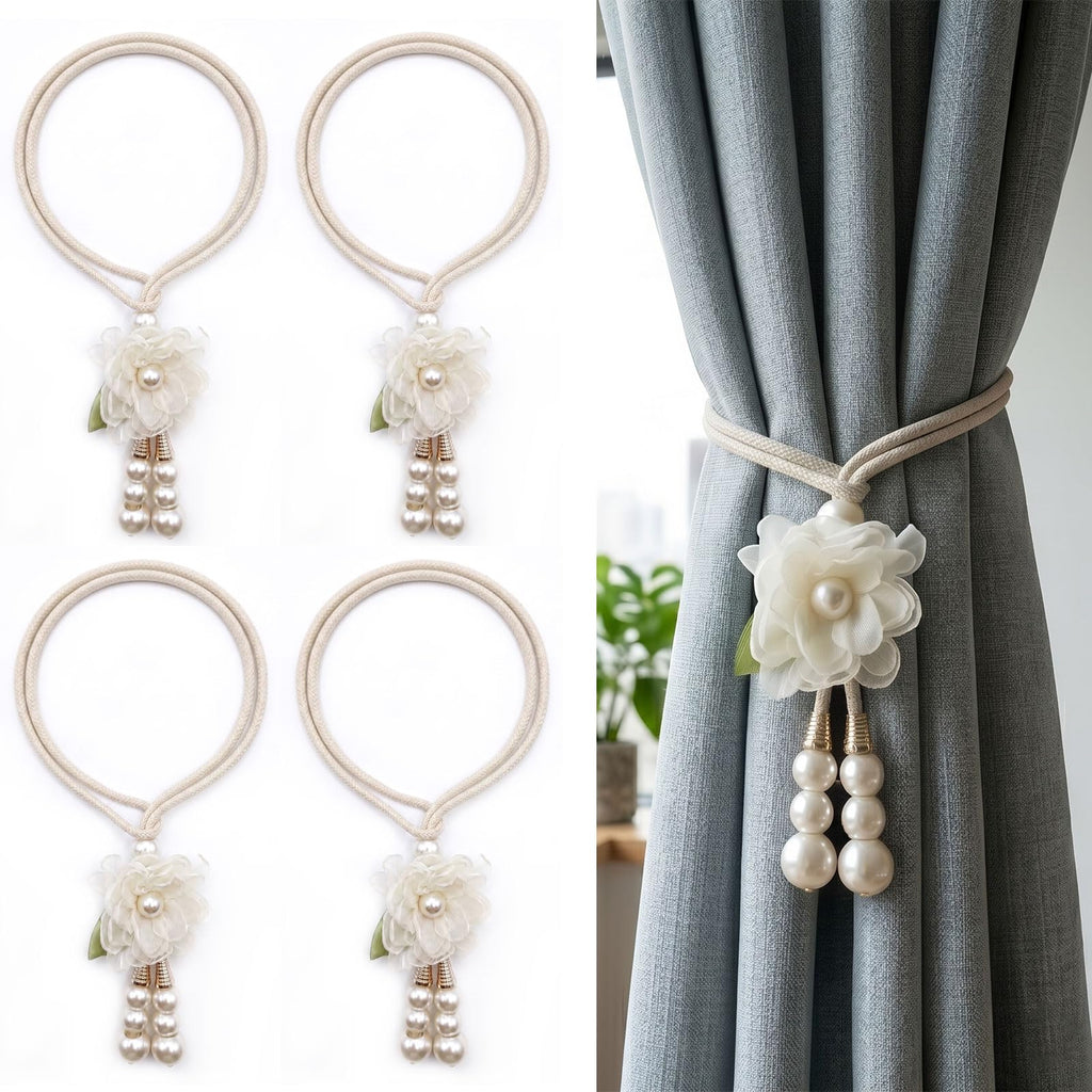 Adjustable Curtain Tiebacks, 4pcs(2pair) Hand-Woven Rope with Silk Flower & Pearl, Decorative Window Cord Holders