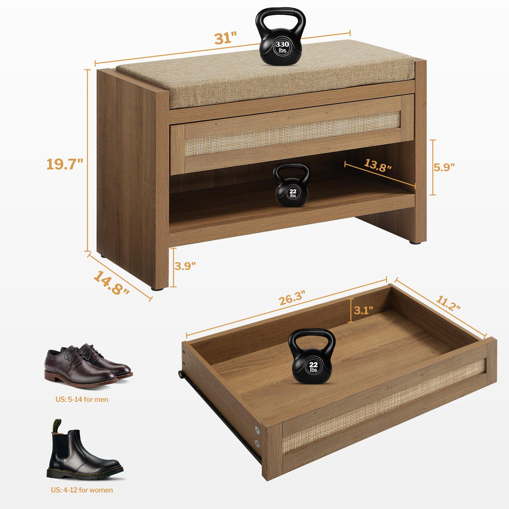 Rattan Shoe Bench Entryway Bench with Storage Drawer, Linen Cushion