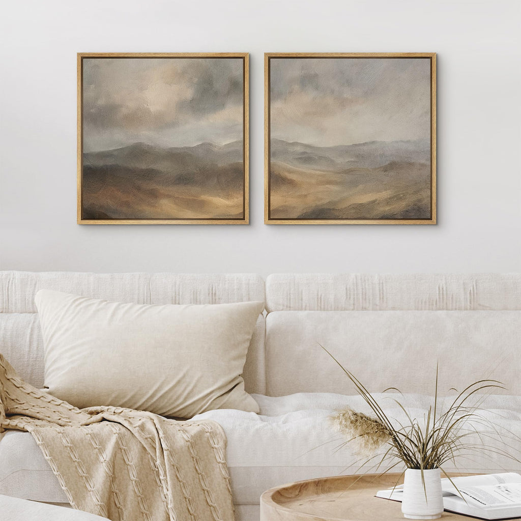 Framed Canvas Print Wall Art Set Neutral Toned Mountain Landscape Abstract Earthy Illustrations Modern Art Minimal