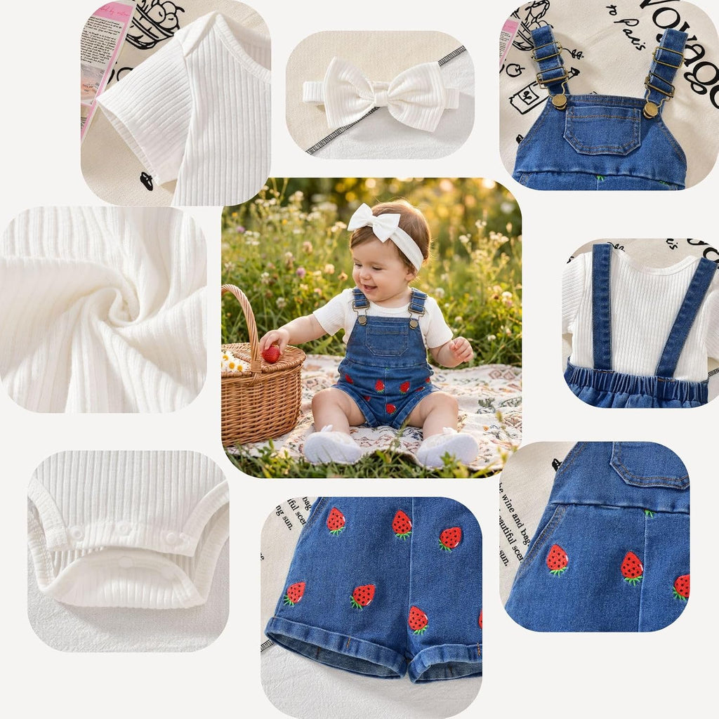 Baby Girls Denim Overall Shorts Set Short Sleeve Romper Jean Shortall Outfit