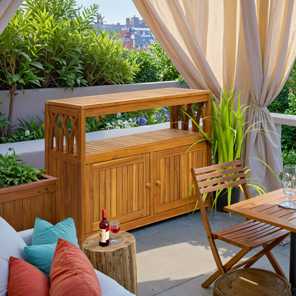 2-Tier Outdoor Storage Cabinet in Acacia Wood, with 2 Magnetic Doors, for Garden, Picnic, Buffet, TV Stand, or Bar