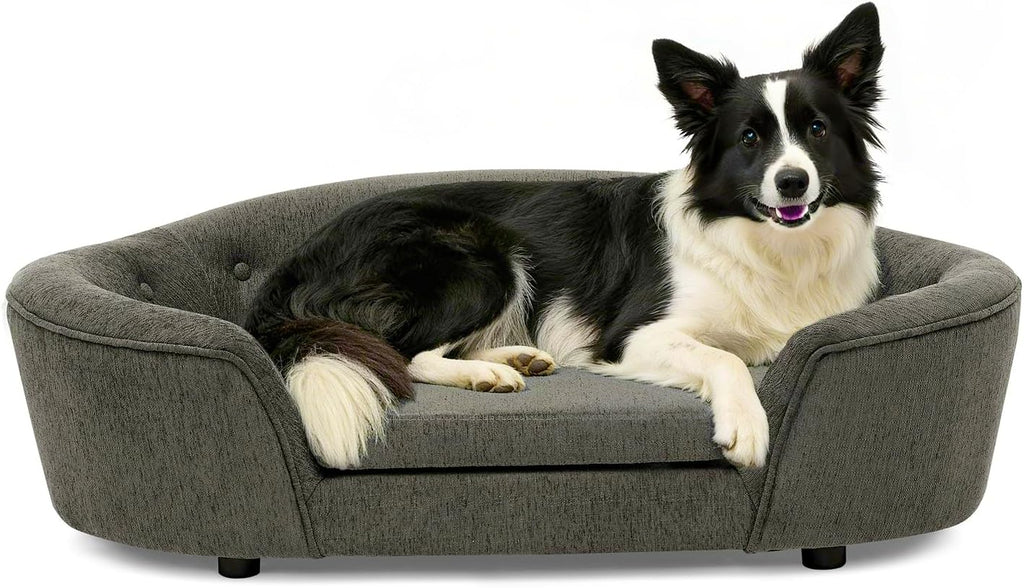 Oval Semi-Enclosed Dog Sofa Bed, Comfy Linen Farbic Pet Couch with Soft Cushion, Mini Couch for Small, Medium