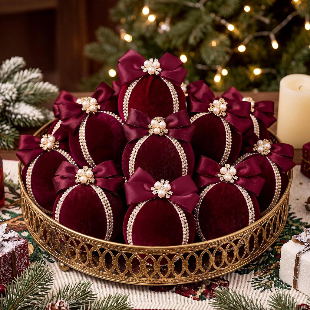 Velvet Christmas Balls Ornaments 2.4" with Pearl Bow, Burgundy Red - Set of 9