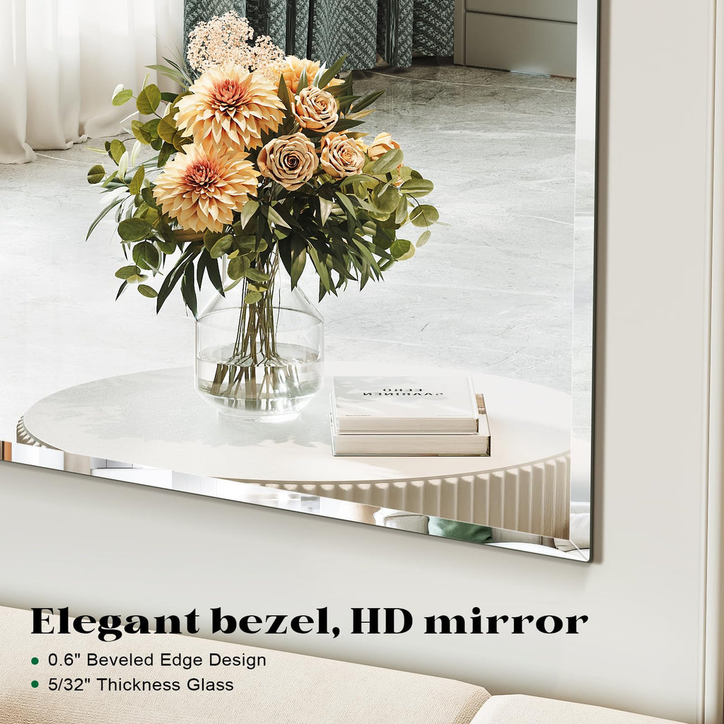 Frameless Bathroom Beveled Wall Mirror, 48"x32" Large Wall Mirror