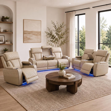 Power Recliner Sofa Set, 3-Piece Leather Living Room Furniture with LED Lights, Wireless Charger, USB Ports