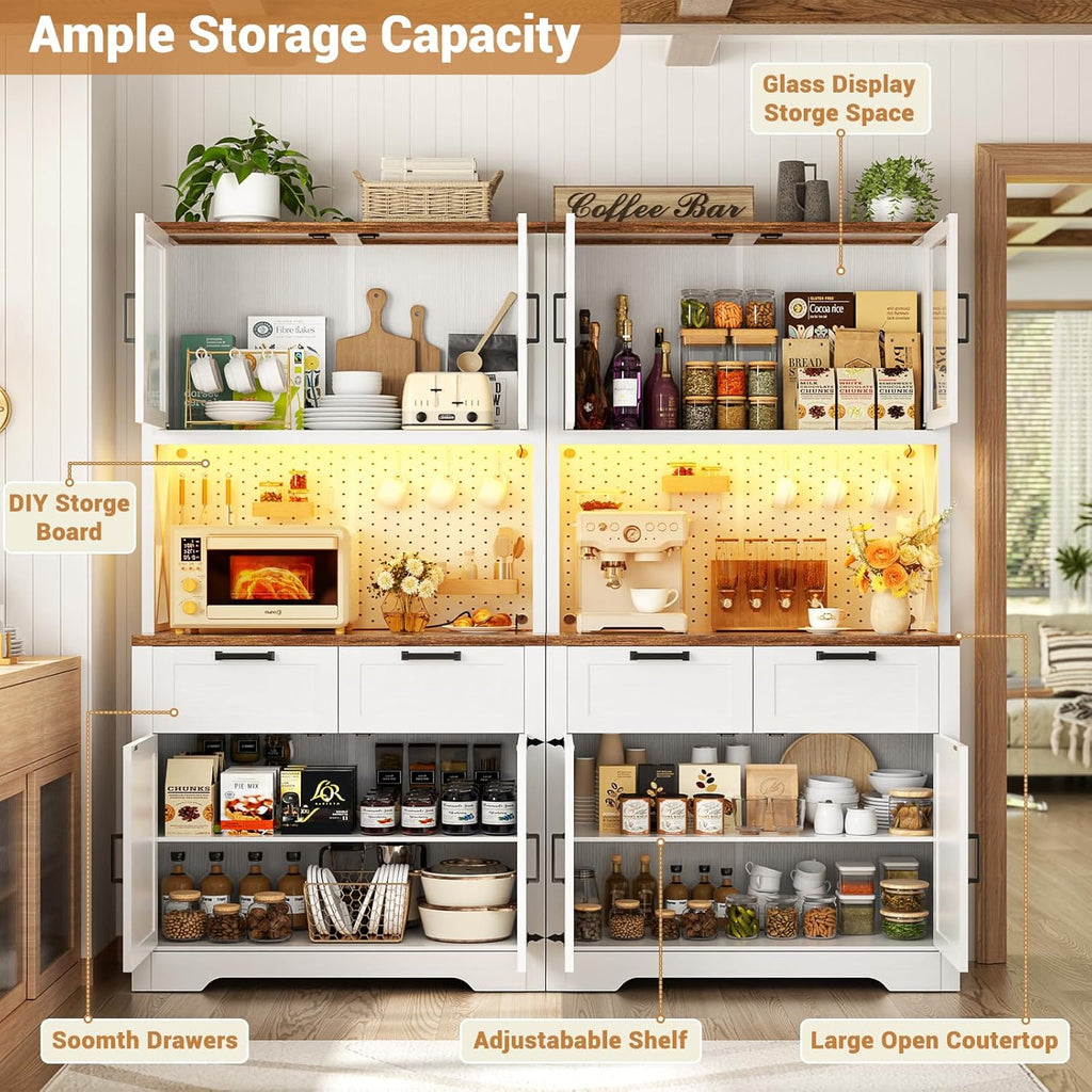 71" Kitchen Pantry Cabinet with LED Light & Outlet, Microwave Stand | White & Rustic, 63" Wide, DIY Pegboard Panel